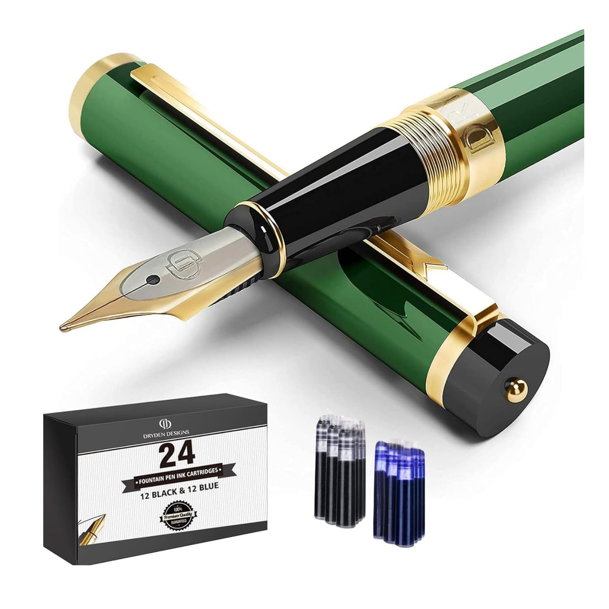 Dryden Designs Fountain Pen Medium Nib Gift Pouch - with 24 Ink Cartridges - MCM (Metallic Silver)