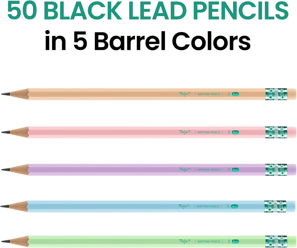 Taja 50 Pack Wood-Cased #2 HB Pencils, Bulk Pre-Sharpened, Macaron