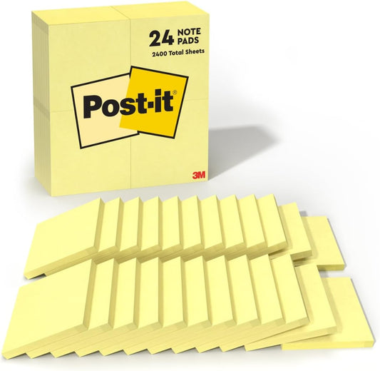 Post-it Notes, 3 x 3 in, The Iconic Canary Yellow Note, 24 Pads