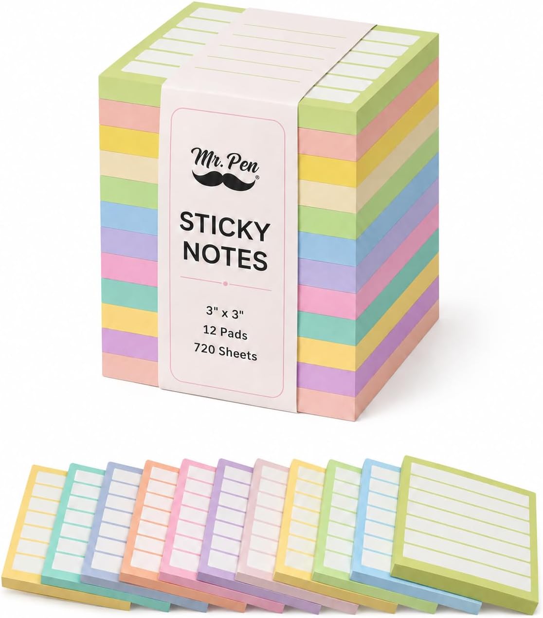Mr. Pen- Lined Sticky Notes Bulk, 3"x3", 12 Pads, 60 Sheets/Pad, 720 Sheets