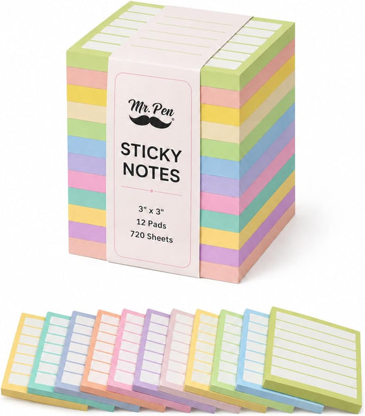 Mr. Pen- Lined Sticky Notes Bulk, 3"x3", 12 Pads, 60 Sheets/Pad, 720 Sheets