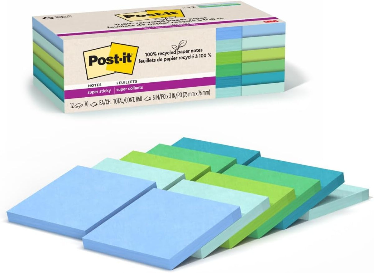 Post-it 100% Recycled Super Sticky Notes, 3 x 3 in, Pastels, 5 Pads