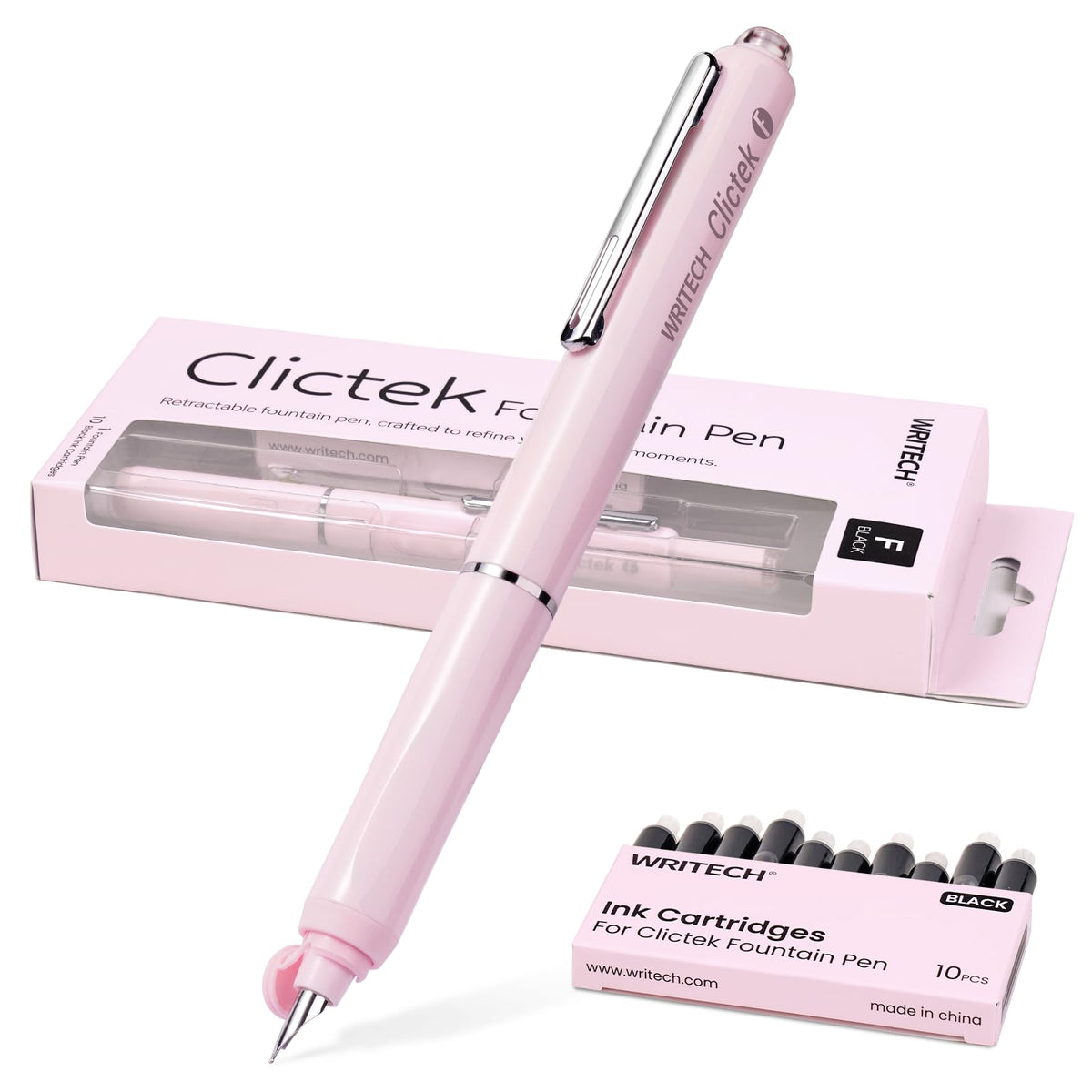 WRITECH Fountain Pen Fine Nib: Retractable Black Ink Pens Set Includes 5 Ink Cartridges Smooth Writing for Calligraphy Sketching Journaling Gift (Purple)