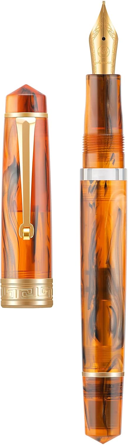 Asvine P20 Piston Fountain Pen Amber Resin, Iridium Extra Fine Nib Gold Trim Smooth Writer Collection with Case Set