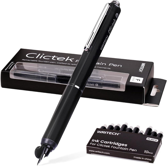 WRITECH Clictek Retractable Fountain Pen: Fine Point Black Ink Cartridges