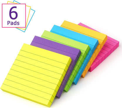 Lined Sticky Notes 3x3 in, 6 Bright Multi Colors,100 Sheet/Pad
