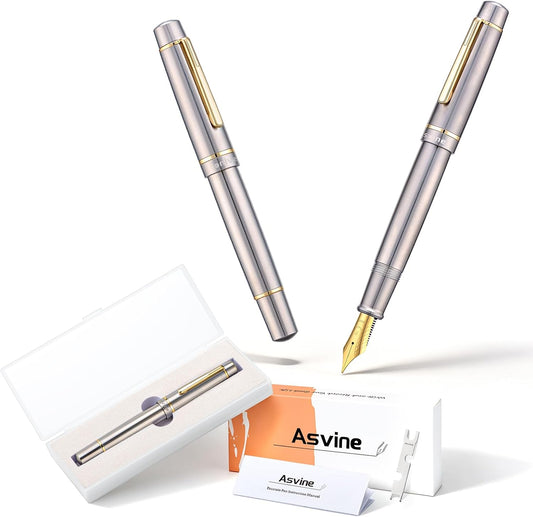 Asvine P100 Titanium Piston Fountain Pen, #8 Fine Nib Solid Pen Case Set