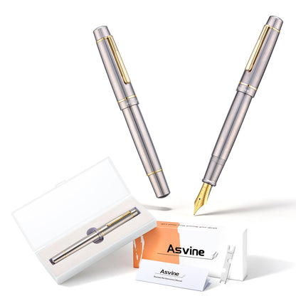 Asvine P100 Titanium Piston Fountain Pen, #8 Fine Nib Solid Pen Case Set