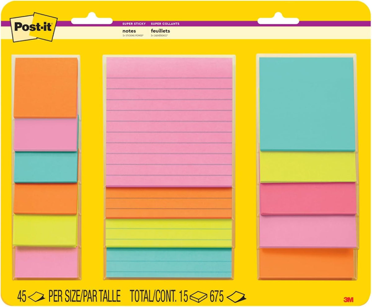 Post-it Super Sticky Notes, Multi-Size, Supernova Neons, 15 Lined Pads