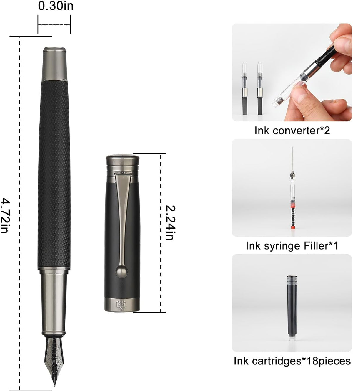 Fountain Pen Set - Fine & Medium Nibs, Includes 18 Ink Cartridges, Ink Refill Converter & Syringe Filler, Gift for Writing, Journaling & Calligraphy MU-13