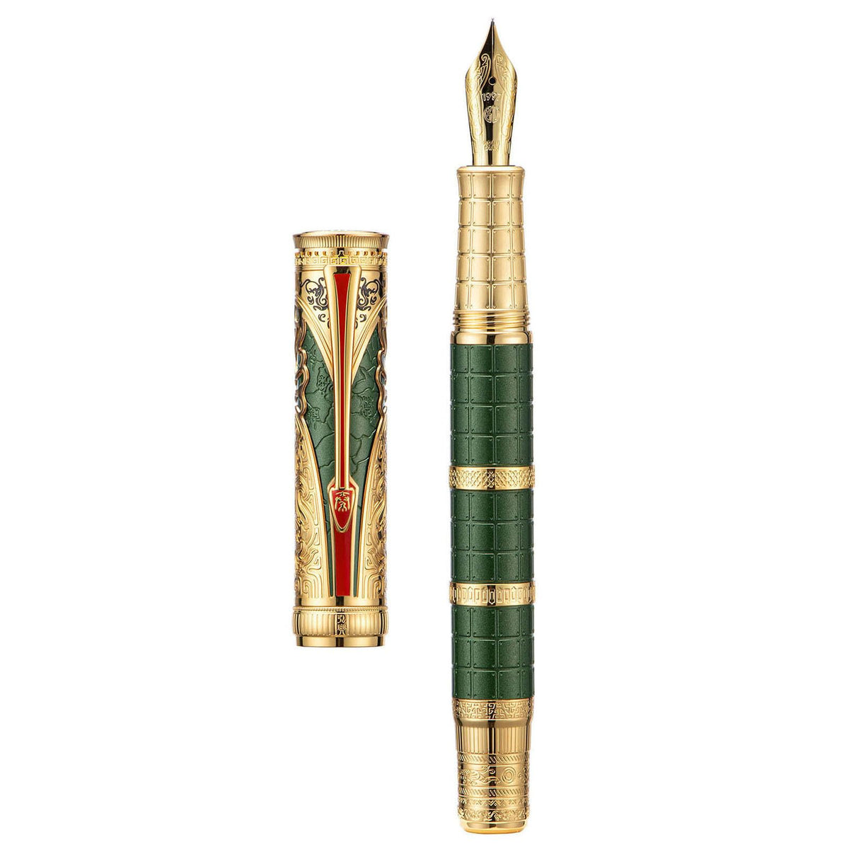 Hongdian D5X Fountain Pen Extra Fine Nib Black Color, Qin Dynasty Retro Chinese Totem Engraving Smooth Writing Pen with Converter and Pen Box Set