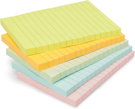 Amazon Basics Lined Sticky Notes, 4x6" Self-Stick Pads with Clean Removal Adhesive for To Do List, Home, Office, Notebook, Assorted Colors, 100 Sheets/Pad, Pack of 5