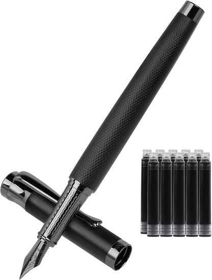 Luxury Fountain Pen Set,Ink Pen for Smooth Writing,Medium Nib,Includes 10 Ink Cartridges&Ink Converter,Best Pen Gift Case for Men & Women,fancy,Journaling,Executive Office pen-Black