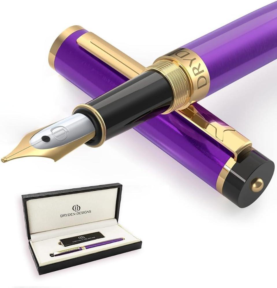 Dryden Designs Fountain Pen. Medium Nib Premium Box | 6 Ink Cartridges Included (Decadent Purple)
