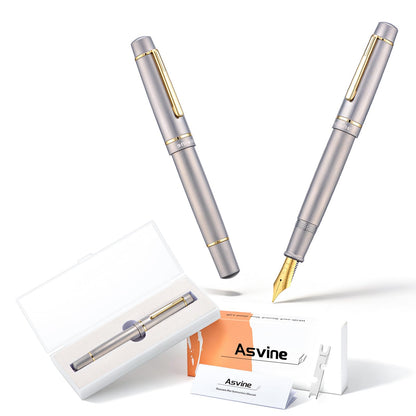 Asvine P100 Titanium Piston Fountain Pen, #8 Fine Nib Solid Pen Case Set