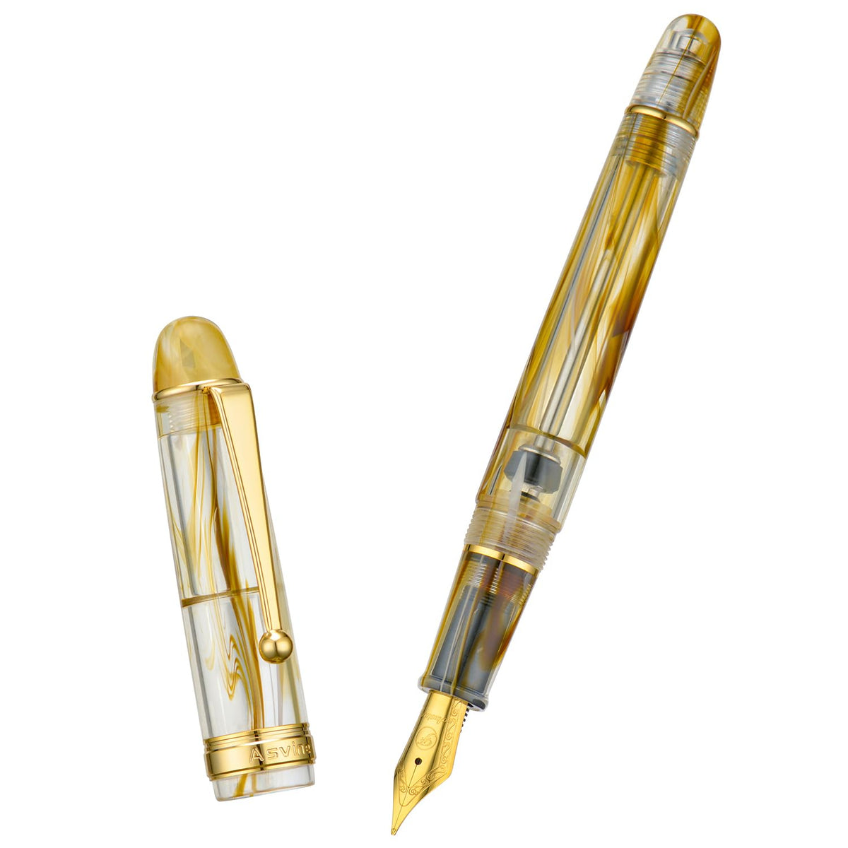 Asvine V126 Vacuum Filling Fountain Pen Fine Point, Brown Swirl Transparent Acrylic Pen Gift Case