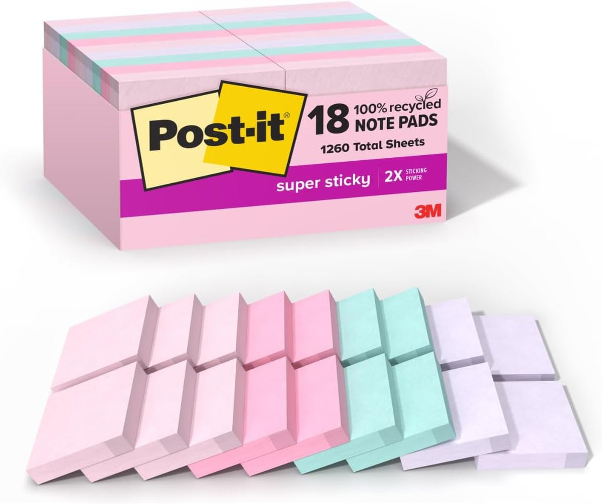 Post-it Recycled Super Sticky Pop-up Notes, 1 7/8" x 1 7/8", Wanderlust Pastels Collection, 70 Sheet/Pad, 18 Pads/Pack