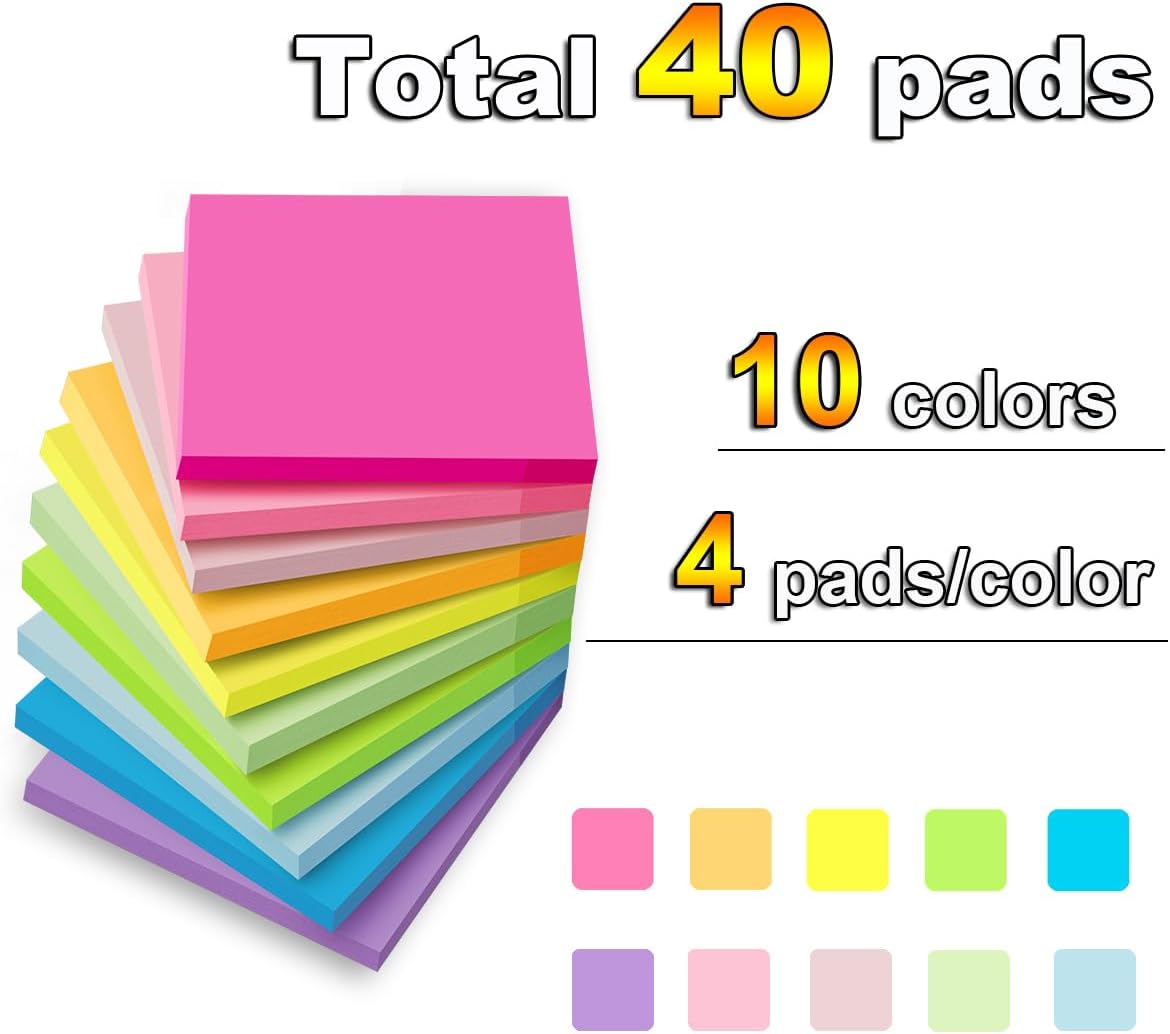 (40 Pads) Sticky Notes 3x3 in,Bright Colors Notepads,Colorful Stickies