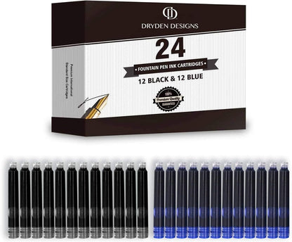 Dryden Designs Fountain Pen Medium Nib Gift Pouch - with 24 Ink Cartridges - MCM (Metallic Silver)