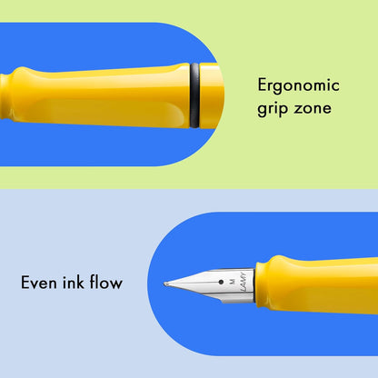LAMY safari yellow - Fountain Pen with ergonomic grip & polished steel nib in size M - ideal for any Writing & Calligraphy - including LAMY T 10 blue cartridge - Right-Handed