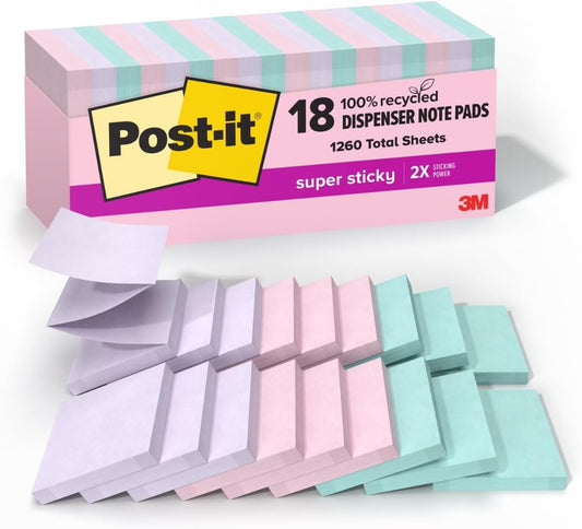 Post-it 100% Recycled Super Sticky Notes, 3 x 3 in, Oasis, 5 Pads