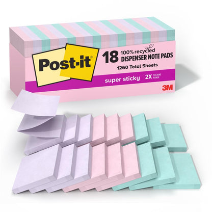 Post-it 100% Recycled Super Sticky Notes, 3 x 3 in, Oasis, 5 Pads
