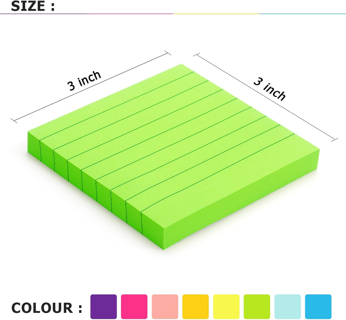 Eastern Wolf Lined Sticky Notes 3x3in, 8 Pads, Bright Colors, 85 Sheets/Pad