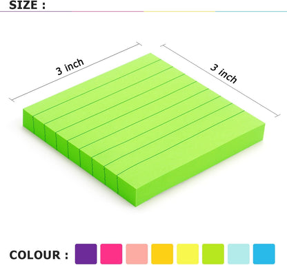 Eastern Wolf Lined Sticky Notes 3x3in, 8 Pads, Bright Colors, 85 Sheets/Pad