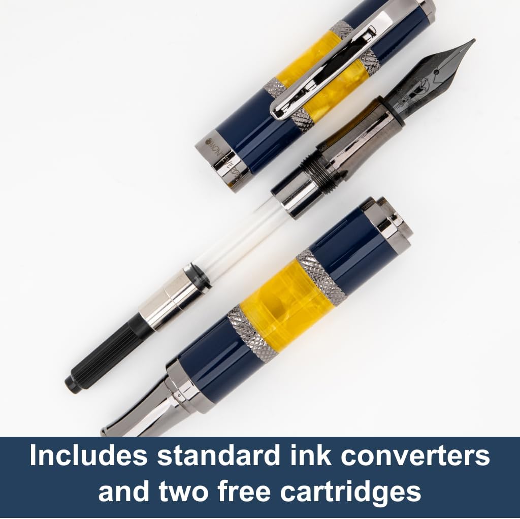 Monteverde USA Regatta Sport Fountain Pen in Blue/Yellow and Carbon Fiber - Flex Nib, Luxury Refillable Pen with Gunmetal Accents, Premium Gift