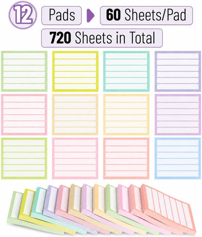 Mr. Pen- Lined Sticky Notes Bulk, 3"x3", 12 Pads, 60 Sheets/Pad, 720 Sheets