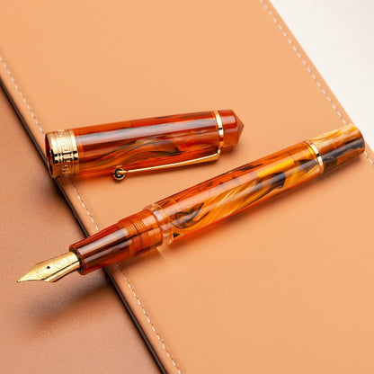 Asvine P20 Piston Fountain Pen Amber Resin, Iridium Extra Fine Nib Gold Trim Smooth Writer Collection with Case Set
