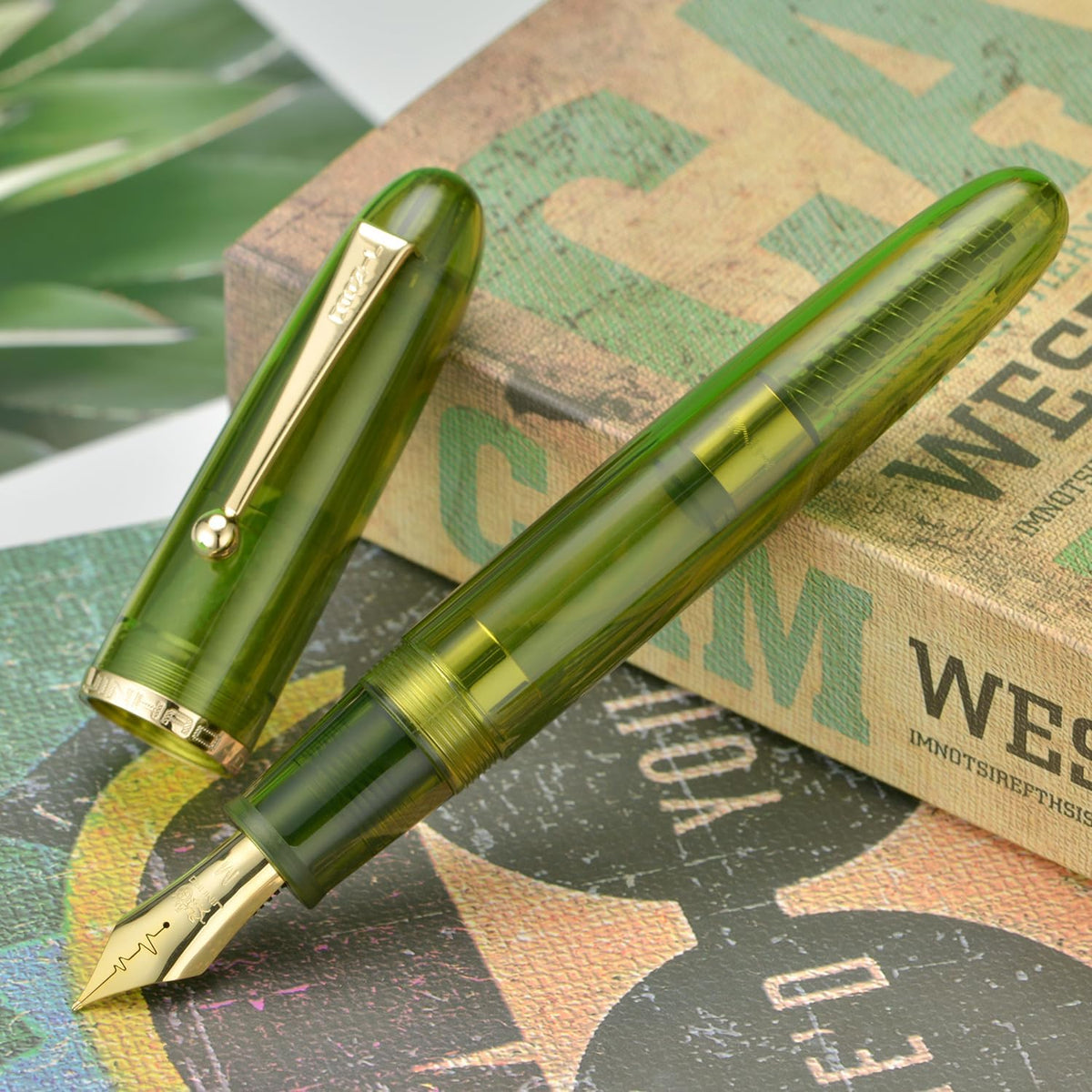 Jinhao 9019 DaDao Series Fountain Pen, Size 8 Medium Cardiogram Nib with Large Ink Converter, Transparent Olive Green Acrylic Design Smooth Writing Pen (Gold Trim)