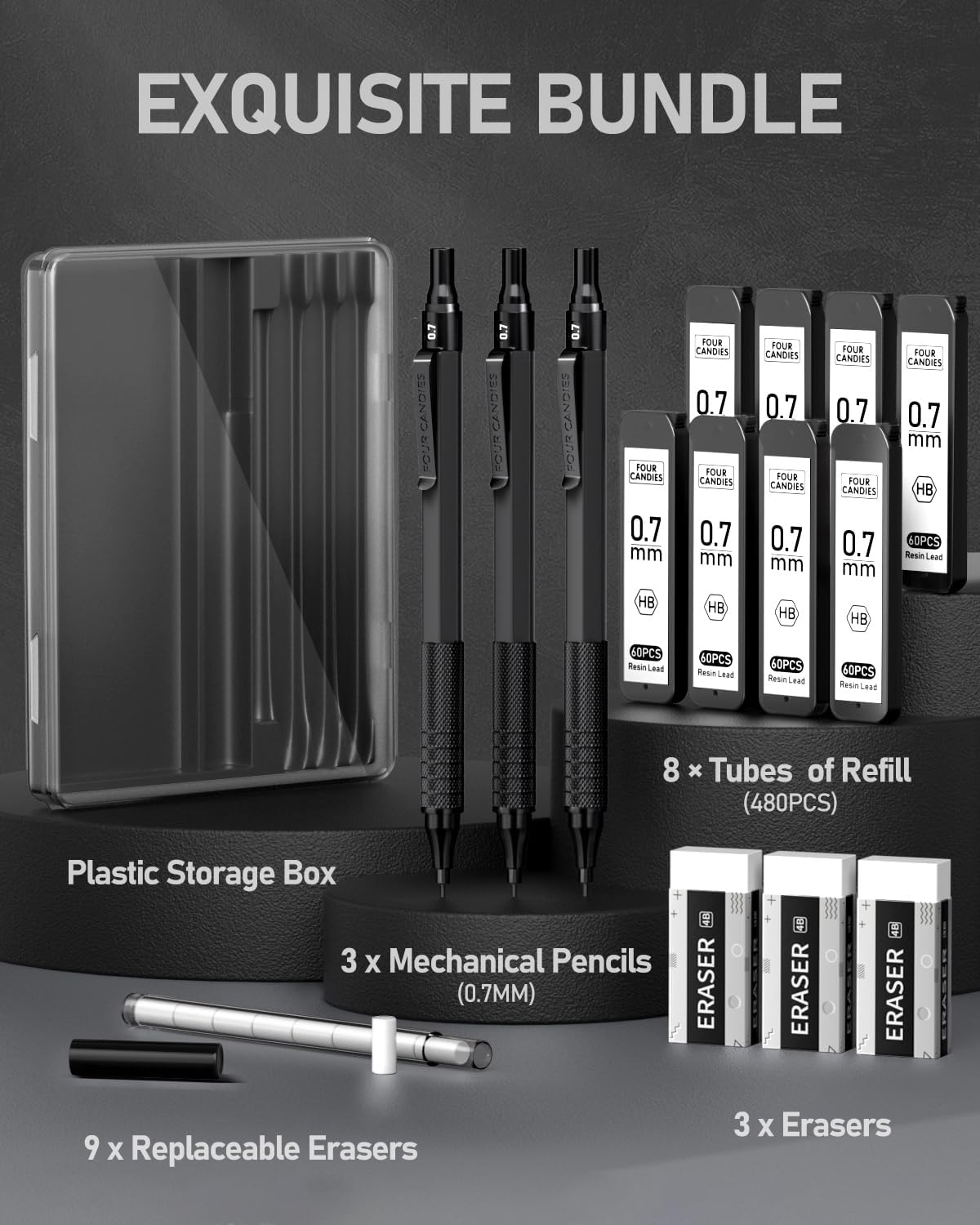 Four Candies Metal Mechanical Pencil Set with Case, 0.7mm, 3-Pack, Black