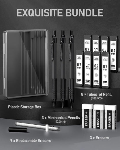 Four Candies Metal Mechanical Pencil Set with Case, 0.7mm, 3-Pack, Black
