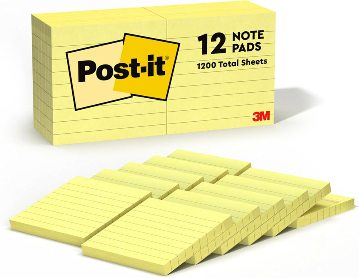 Post-it Notes, 3 x 3 in, The Iconic Canary Yellow Note, 12 Lined Pads