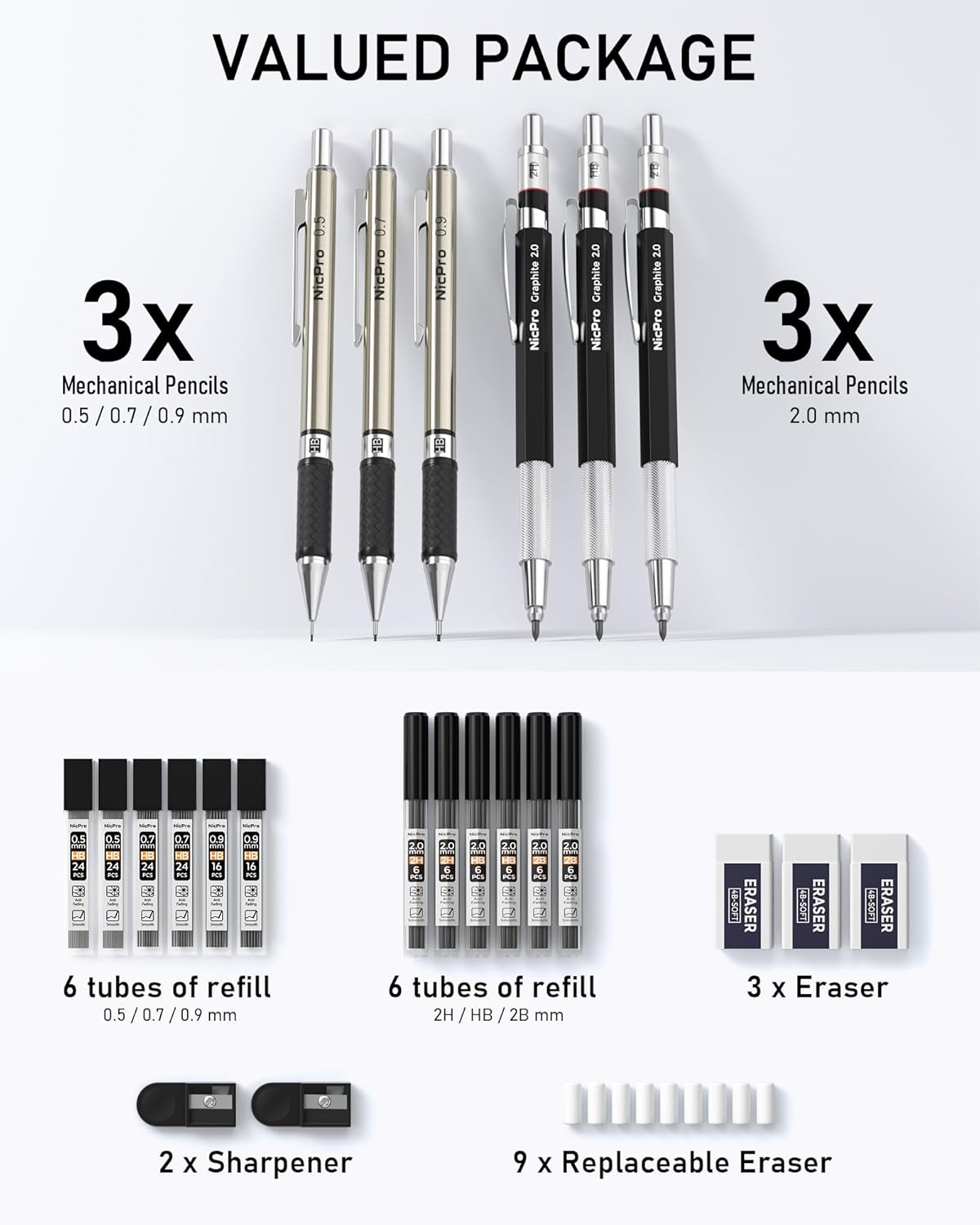 Nicpro 6PCS Art Mechanical Pencil Set, 0.5/0.7/0.9/2mm Point