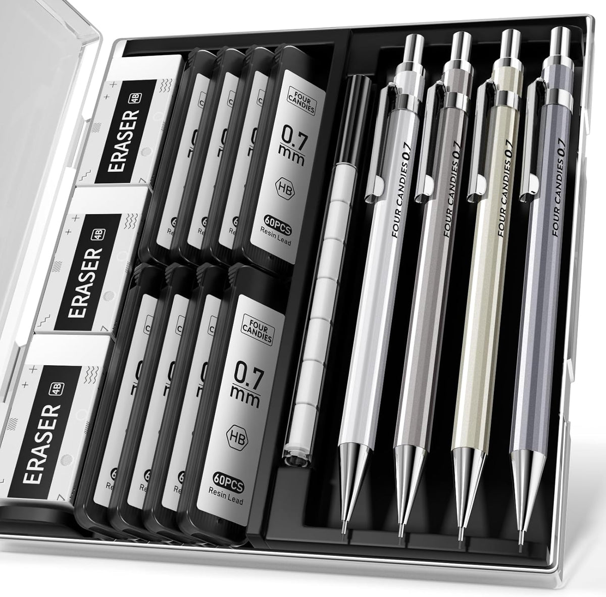 Mechanical Pencil Set, 0.7mm 4-Pack with Case, Metal Body, Medium Point