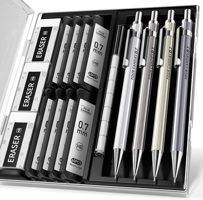 Mechanical Pencil Set, 0.7mm 4-Pack with Case, Metal Body, Medium Point