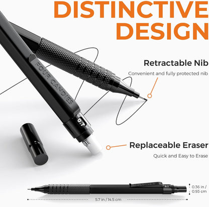4PCS Metal Mechanical Pencil Set, 0.5mm+0.7mm, Storage Case, Black＆Silver