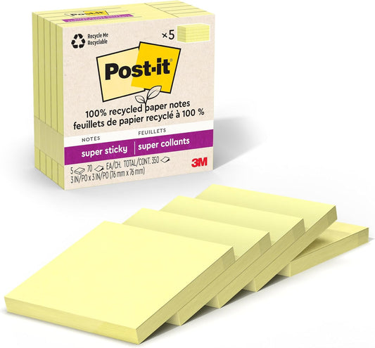 Post-it 100% Recycled Super Sticky Notes, 3 x 3 in, Canary Yellow, 5 Pads