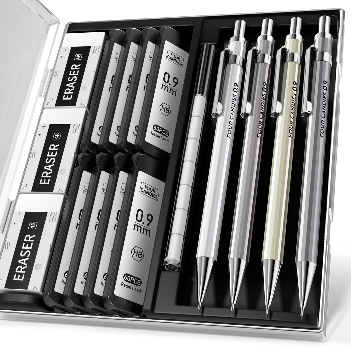 Mechanical Pencil Set, 0.7mm 4-Pack with Case, Metal Body, Medium Point