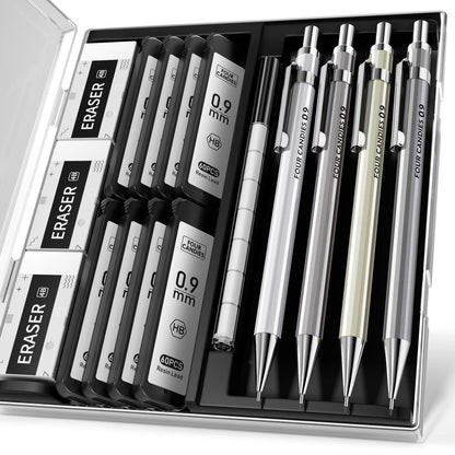 Mechanical Pencil Set, 0.7mm 4-Pack with Case, Metal Body, Medium Point