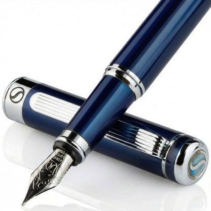Scriveiner Midnight Blue Fountain Pen - Stunning Luxury Pen with Chrome Appointments, Schmidt Nib (Fine), Best Pen Gift Set for Men & Women, Professional, Executive, Office, Nice Pens