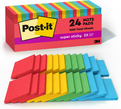 Post-it Super Sticky Notes, 3 x 3 in, Playful Primaries, 24 Pads