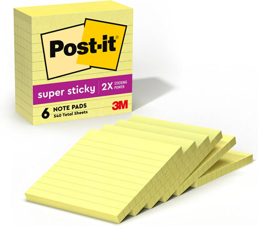 Post-it Super Sticky Notes, 4 x 4 in, Canary Yellow, 6 Lined Pads