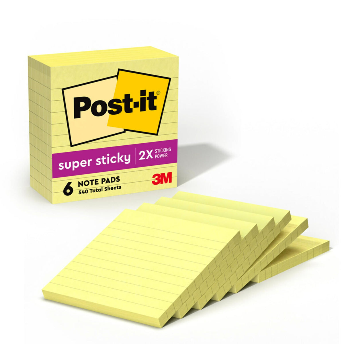 Post-it Super Sticky Notes, 4 x 4 in, Canary Yellow, 6 Lined Pads