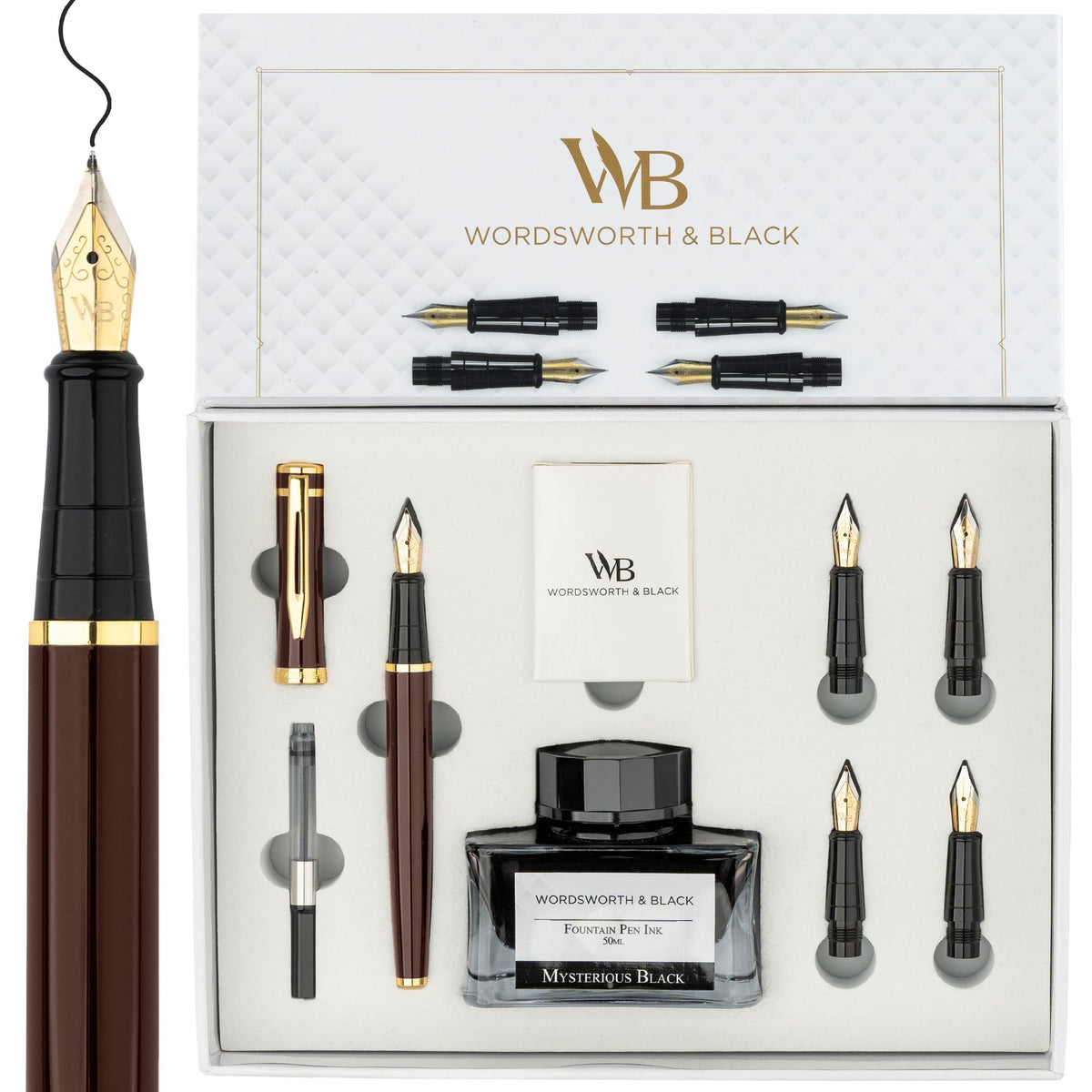 Wordsworth & Black Luxury Fountain Pen Set for Writing, 6 Nibs,Black Chrome