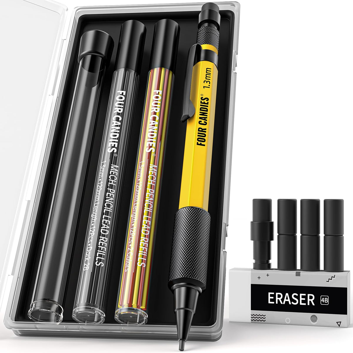 Four Candies 1.3mm Metal Mechanical Pencil Set with 72 Lead Refills, 3-Pack