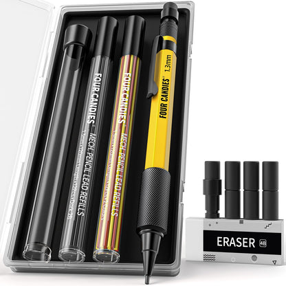 Four Candies 1.3mm Metal Mechanical Pencil Set with 72 Lead Refills, 3-Pack