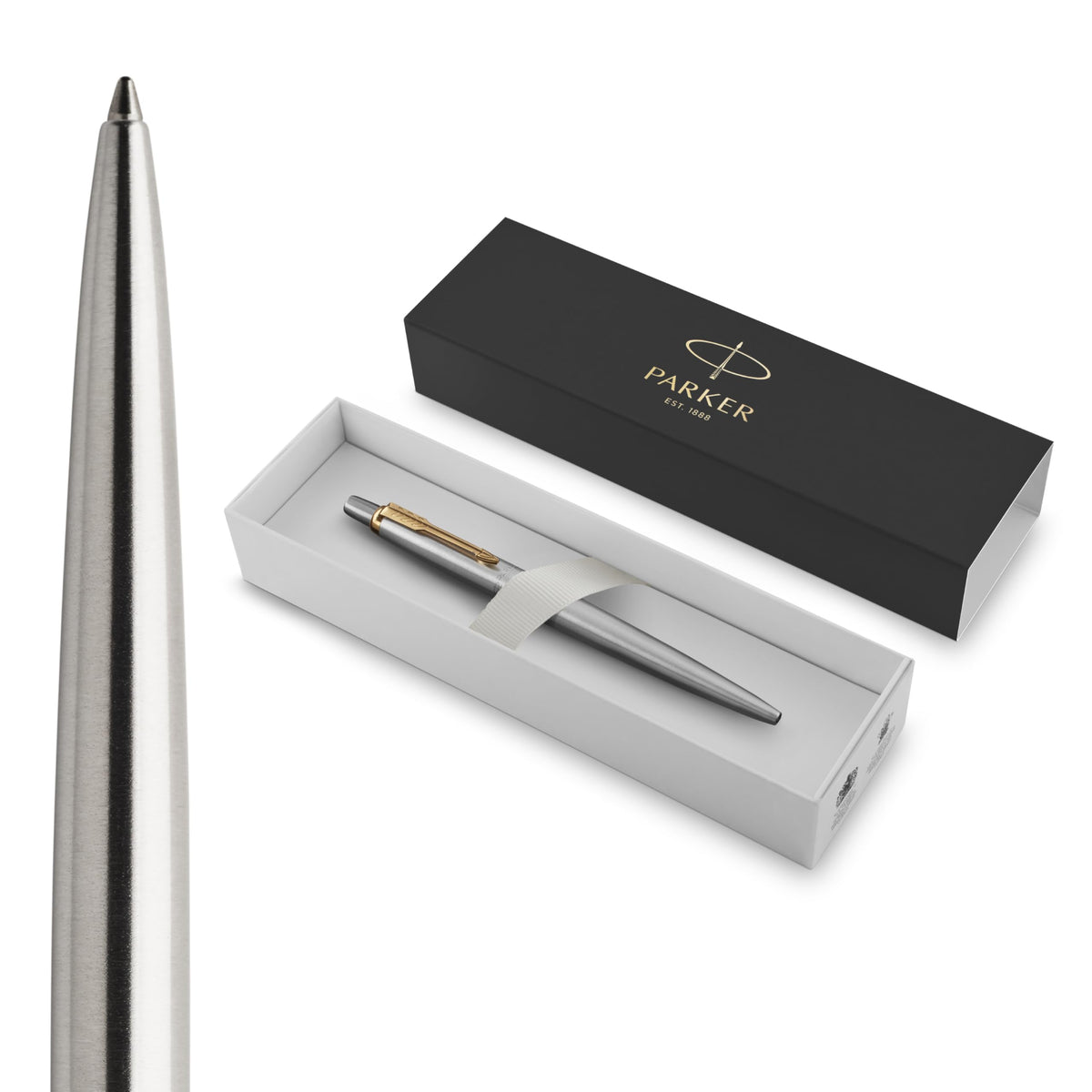 Parker Jotter Fountain Pen, Stainless Steel with Gold Trim, Medium Nib, Blue Ink & Gift Box